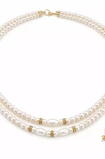 Double strand pearl necklace set with stud earrings, white gold-tone accents, oval & round pearls.
