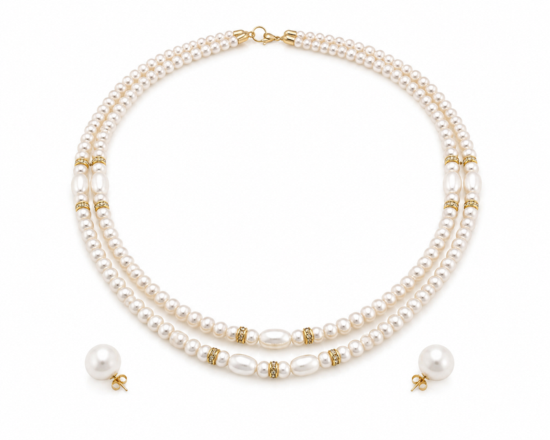 Double strand pearl necklace set with stud earrings, white gold-tone accents, oval & round pearls.