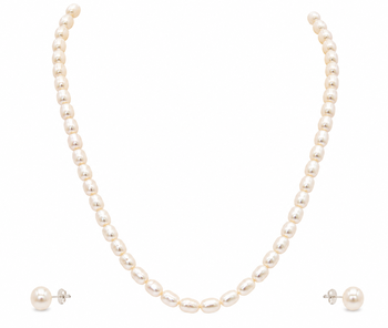White oval pearl necklace and stud earrings jewellery set rice-shaped pearls, stud earrings included. 3
