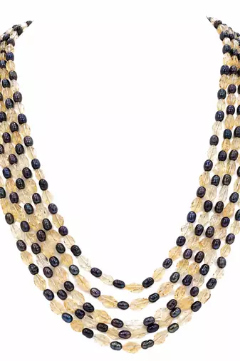 Black freshwater pearl & citrine bead multi-strand necklace set with stud earrings.