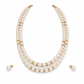 Double strand pearl necklace set with gold rondelle spacers includes stud earrings, layered design. 3