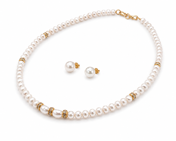 Pearl necklace and earring set with gold-tone crystal rings stud earrings included, crystal rondelle accents. 3
