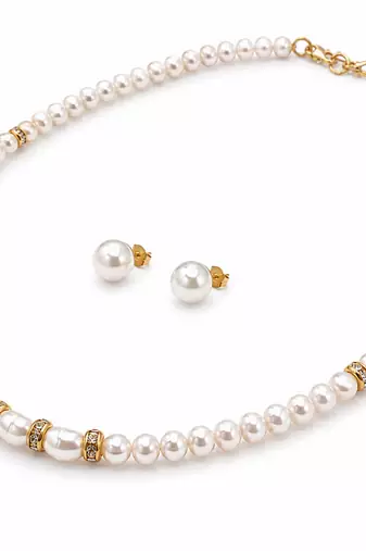Pearl necklace and earring set with gold-tone crystal rings stud earrings included, crystal rondelle accents.