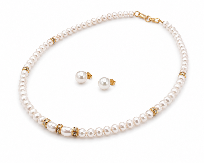 Pearl necklace and earring set with gold-tone crystal rings stud earrings included, crystal rondelle accents.