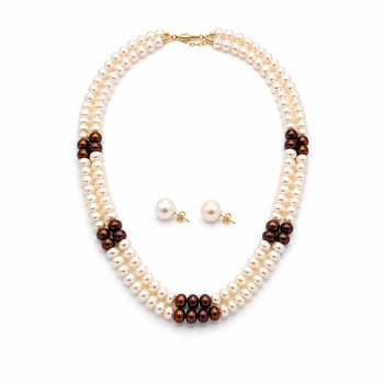 Double strand white and brown pearl necklace set with earrings 2-layer design, matching earrings, ethnic wear. 3
