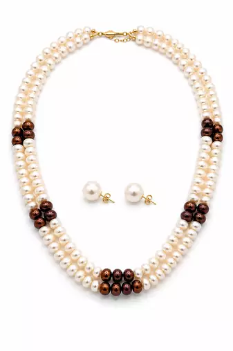 Double strand white and brown pearl necklace set with earrings 2-layer design, matching earrings, ethnic wear.
