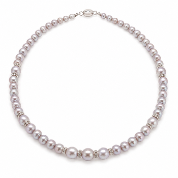 Pearl strand necklace with crystal rondelle spacers, lavender magnetic clasp, graduated pearls. 3
