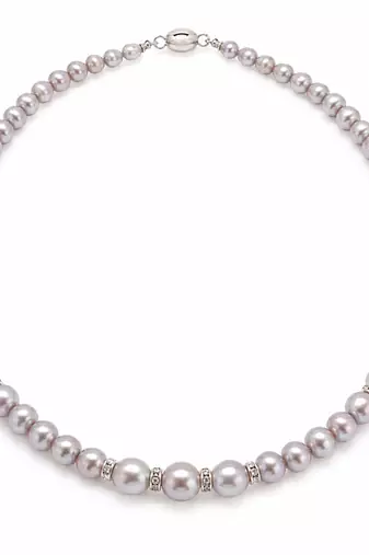 Pearl strand necklace with crystal rondelle spacers, lavender magnetic clasp, graduated pearls.