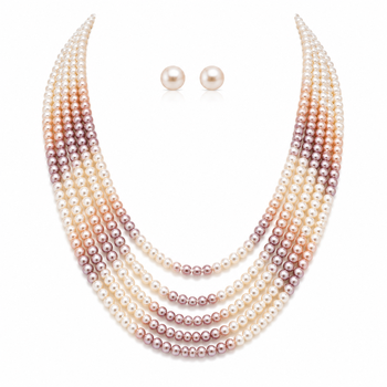 Multi-strand pearl necklace set with stud earrings, multicolour 7 layers, white & mauve tones, freshwater. 4