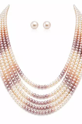 Multi-strand pearl necklace set with stud earrings, multicolour 7 layers, white & mauve tones, freshwater.