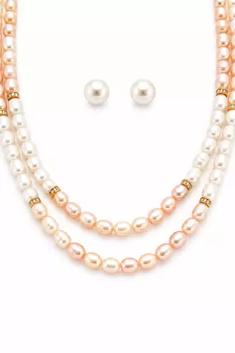 Double strand pearl necklace set with stud earrings, pink & white gold-tone spacers, oval pearl beads.