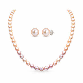 Freshwater pearl necklace and stud earrings set, pink rice-shaped pearls, stud earrings included, graduated design. 3