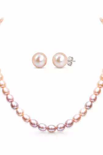 Freshwater pearl necklace and stud earrings set, pink rice-shaped pearls, stud earrings included, graduated design.