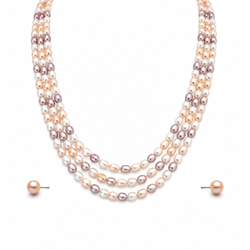 Freshwater pearl 3-layer necklace and stud earrings jewellery set multi-colour pearls, oval rice shape. 3