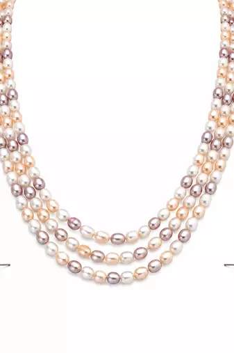 Freshwater pearl 3-layer necklace and stud earrings jewellery set multi-colour pearls, oval rice shape.