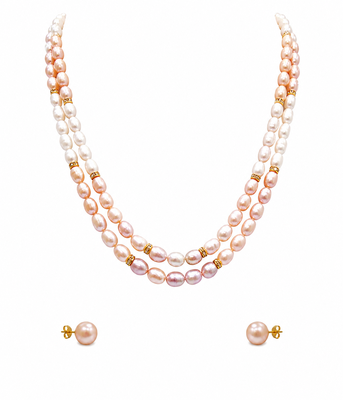 Freshwater pearl double strand necklace and earrings set pink & white pearls, gold-tone spacers. rice pearls. 3