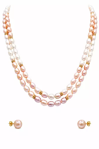 Freshwater pearl double strand necklace and earrings set pink & white pearls, gold-tone spacers. rice pearls.