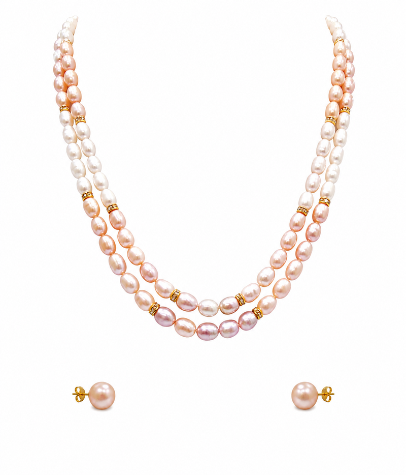 Freshwater pearl double strand necklace and earrings set pink & white pearls, gold-tone spacers. rice pearls.
