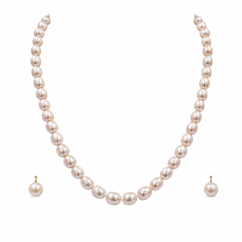 Freshwater pearl necklace and earrings set, white oval beads graduated design, drop earrings included, gold-tone clasp. 3