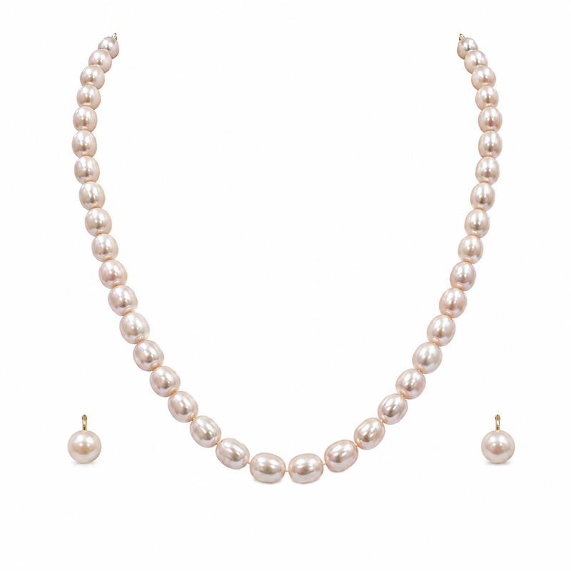 Freshwater pearl necklace and earrings set, white oval beads graduated design, drop earrings included, gold-tone clasp.