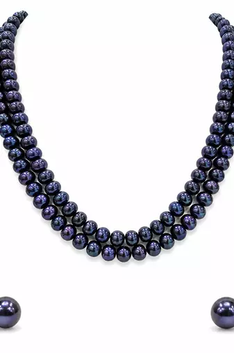 Black pearl double strand necklace and stud earrings set double strand design, stud earrings included.