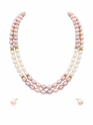 Freshwater pearl necklace set with stud earrings, pink & white 3-strand layered, oval pearl beads, gold-tone spacers. 3