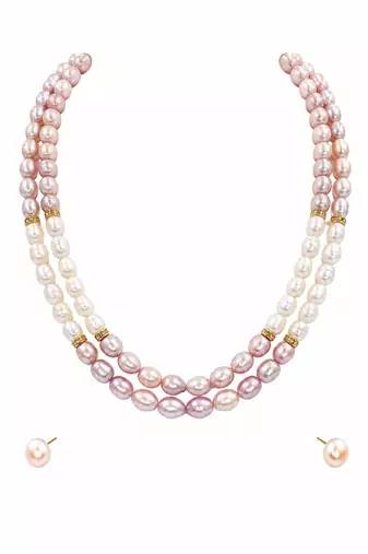 Freshwater pearl necklace set with stud earrings, pink & white 3-strand layered, oval pearl beads, gold-tone spacers.