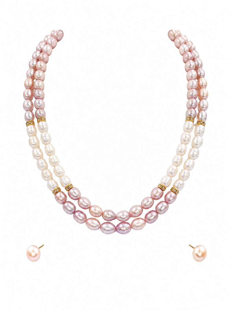 Freshwater pearl necklace set with stud earrings, pink & white 3-strand layered, oval pearl beads, gold-tone spacers.