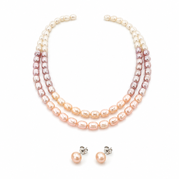 Freshwater pearl necklace set with stud earrings, multi-colour double strand, rice-shaped pearls, velvet gift box. 3