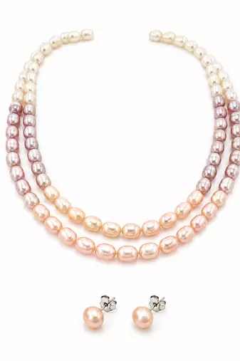 Freshwater pearl necklace set with stud earrings, multi-colour double strand, rice-shaped pearls, velvet gift box.