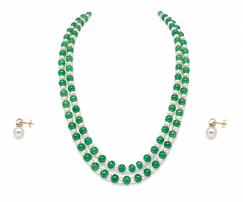 Double strand green beads and pearl necklace set with earrings. 4