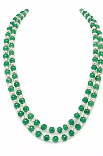 Double strand green beads and pearl necklace set with earrings.