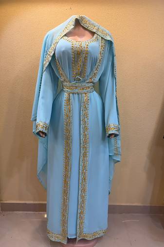 Elegant Ferozi Blue Moroccan Islamic Wedding Kaftan with Gold Embroidery & Designer Belt