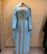 Elegant Ferozi Blue Moroccan Islamic Wedding Kaftan with Gold Embroidery & Designer Belt