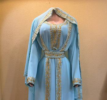 Elegant Ferozi Blue Moroccan Islamic Wedding Kaftan with Gold Embroidery & Designer Belt 2