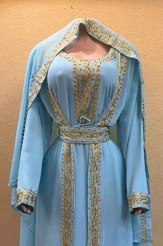Elegant Ferozi Blue Moroccan Islamic Wedding Kaftan with Gold Embroidery & Designer Belt