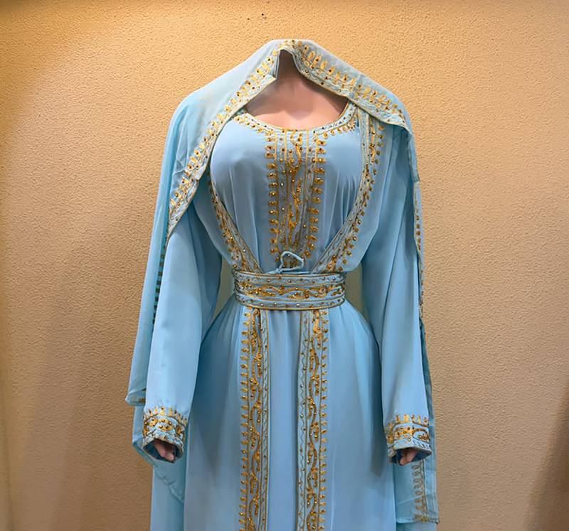 Elegant Ferozi Blue Moroccan Islamic Wedding Kaftan with Gold Embroidery & Designer Belt