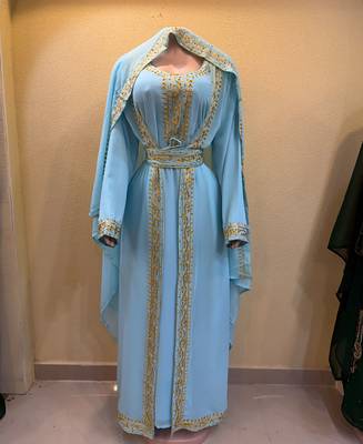 Elegant Ferozi Blue Moroccan Islamic Wedding Kaftan with Gold Embroidery & Designer Belt 3