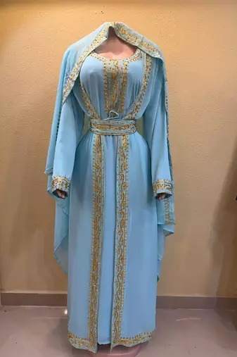 Elegant Ferozi Blue Moroccan Islamic Wedding Kaftan with Gold Embroidery & Designer Belt