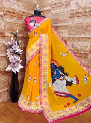 Yellow soft georgette saree with durga digital print and blouse 1