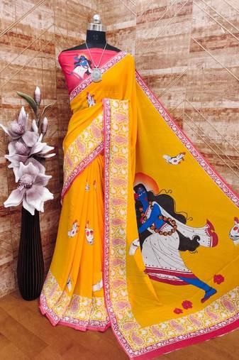 Yellow soft georgette saree with durga digital print and blouse