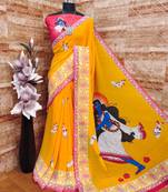 Yellow soft georgette saree with durga digital print and blouse