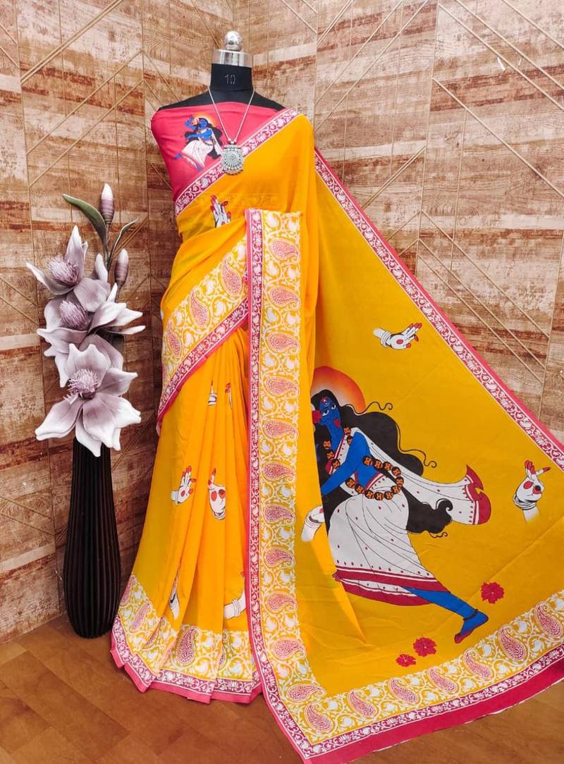 Yellow soft georgette saree with durga digital print and blouse
