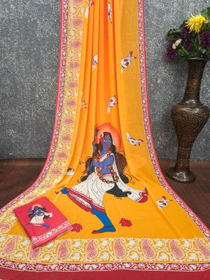 Yellow soft georgette saree with durga digital print and blouse 2
