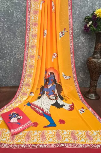Yellow soft georgette saree with durga digital print and blouse