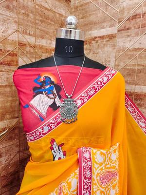 Yellow soft georgette saree with durga digital print and blouse 3