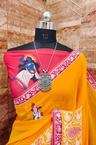 Yellow soft georgette saree with durga digital print and blouse