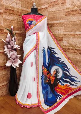 White blue soft georgette saree with durga pooja digital print & blouse 1