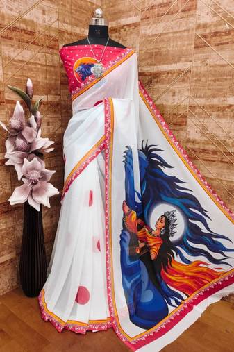 White blue soft georgette saree with durga pooja digital print & blouse