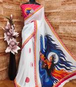 White blue soft georgette saree with durga pooja digital print & blouse